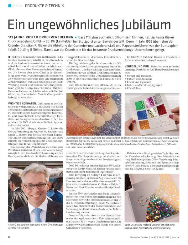 Artikel im Deutschen Drucker zum Rieker Jubiläum
